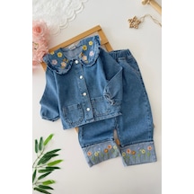 Miniğimin Cicileri Paça Papatya Nakış Detaylı Kız Çocuk Denim Kot 2 Li Takım - Mavi