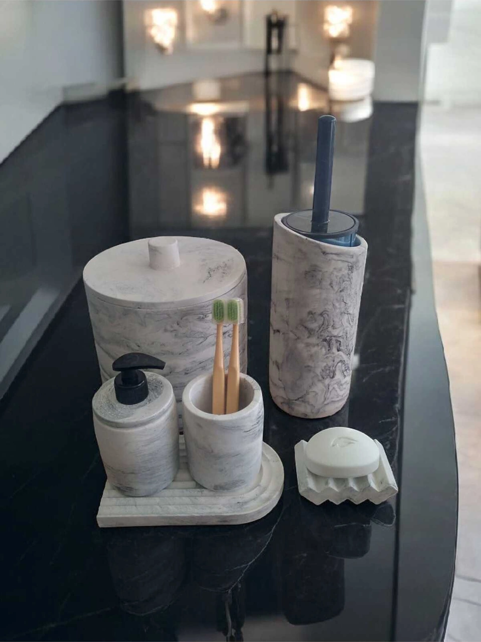 Mermer Serisi Gri Beton Banyo Seti,çöp Kovasi,tuvalet Fırçası Takim Gri