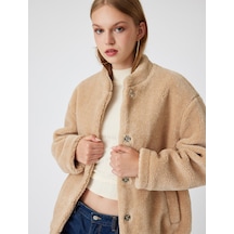 Koton Oversize Peluş Ceket Cep Detaylı Çıtçıt Düğmeli Bomber Yaka Bej 5wal20117ıw Ekru