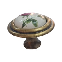 Porselen Düğme Kulp Metal Antik Sarı Güllü 5 Adet Dekoratif Dolap Ve Çekmece Kulp Seti