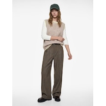 Koton Cepli Pile Detaylı Kemerli Geniş Paça Baggy Kumaş Pantolon Kahverengi Ekose 6wal40049ıw Kahverengi