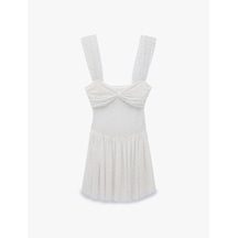 Koton Drapeli Büzgülü Kalp Yaka Volanlı Kolsuz Slim Fit Mini Taşlı Bridal Elbise Ekru 6sak80218fk