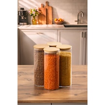 Porsima 4-4 Bambu Borosilikat Vakumlu Kapaklı Yuvarlak Cam 4lü Kavanoz Seti Saklama Kabı 2100ml 10x30cm