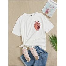 Kadın Beyaz Oversize Kalp Baskılı Örme T-shirt Beyaz-58442