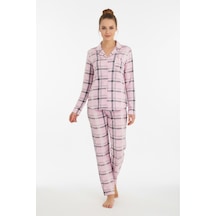 Luxury Viscose Pembe Ekose Desenli Kadın Uzun Kollu Pijama Takımı 42550 Pembe