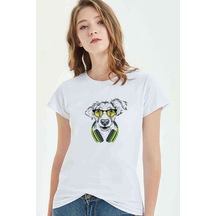 Gözlük Ve Kulaklık Köpek Baskılı Beyaz Kadın Tshirt