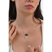 925 Ayar Gümüş Kolye Rose Kaplama Onix Taşlı Ananas Kolye - Işıltılı Tropikal Hediye Barcode Rose Gold