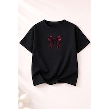 Herkesemoda Kurdele Baskı Baskılı Kadın Bisiklet Yaka Pamuklu T-shirt Siyah