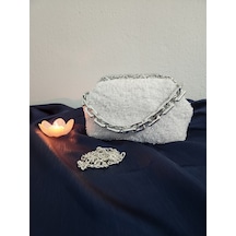 Shine, Beyaz Simli, Handmade, Teddy, Burslu, Kadın El Çantası Beyaz - Gümüş