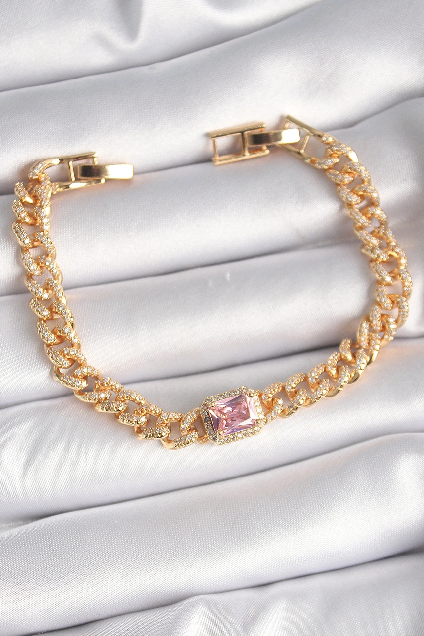 Pirinç Gold Renk Pembe Kare Zirkon Taşlı Vıp Seri Kadın Bileklik Pembe