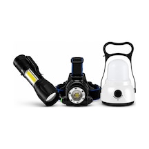 3'lü Şarjlı Led Fener Seti Usb Şarjlı El Feneri Kafa Lambası Kamp Lambası Güçlü Işık Acil Durum Outdoor Beyaz