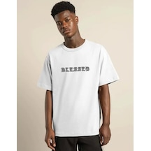 Unisex Bisiklet Yaka Oversize Baskılı T-shirt - Beyaz Beyaz
