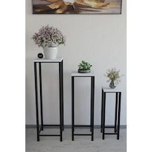 Dekoratif Saksılık 3'lü Takım - Metal Ayaklı Saksı Standı Yan Sehpa Beyaz