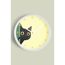 Sevimli Siyah Kedi Modern Duvar Saati - 35cm - Önü Camlı Beyaz Kasa - Sessiz Mekanizma Beyaz