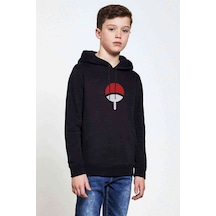 Tshirthane Uchiha Clan Baskılı Unisex Çocuk Kapüşonlu Siyah Sweatshirt Siyah