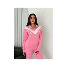 Gugus Kadın Içi Polarlı Kışlık Modal Kumaş Dik Yaka Fermuarlı Garnili V Takım Oys Model Pembe