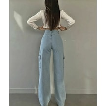 Kadın Açık Mavi Kargo Cep Palazzo Wide Leg Bej Buz Mavi