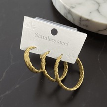 9086020235180 - Altın Renk Burgu Desenli Antialerjik 316l Çelik 3'lü Set Halka Küpe Gold