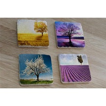 Tek Ağaçlı Manzaralar Doğal Taş Bardak Altlığı 4'lü Set - Natural Stone Coasters-174257 Mor