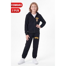 Panios Kids 3 İplik Baskılı Fermuarlı Kız Çocuk Eşofman Takımı Siyah