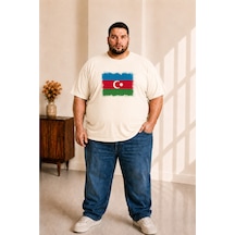 Sngl Tekstil Erkek Büyük Beden Kısa Kollu Azerbaycan Bayrak Baskılı Tişört 3xl 4xl 5xl 6xl 7xl 8xl 9xl Ekru