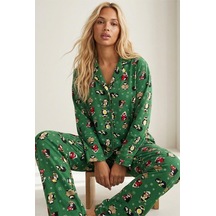 Siyah İnci Örme Düğmeli Pijama Takımı 7602 Yeşil Penguen