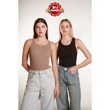 Mea Capio 2li Kadın Fitilli Halter Yaka T-shirt Örme Atlet 2lipaket Siyah-vizon