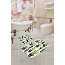 Yeşil Kaktüslü Desen Banyo Halısı Klozet Paspas Seti Bs244n11