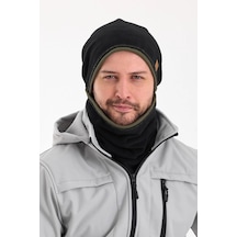 Erkek Polar Dış Kaşkorse Pamuklu İç Kısım Çift Renk Çift Katman Katlanabilir Bere Boyunluk Takım - Standart / Siyah-haki Siyah-haki