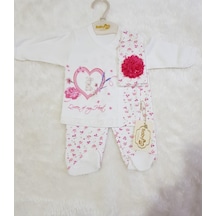 Candysbebe Kız Bebek Ayaklı Takım 3 Lü 0-3 Ay Beyaz - Pembe