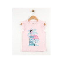 Fuar Baby Kız Çocuk %100 Pamuklu Bisiklet Yaka Fırfır Kollu Tişört 2-6 Yaş Pembe Flamingo Desenli