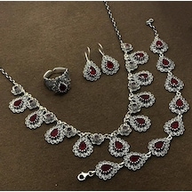 Damla Model Yakut Taşlı Gümüş Oksitli Telkari Kadın Set
