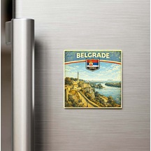 Retro Sırbistan Belgrad Şehri Temalı Vintage Buzdolap Magneti 9x9 Cm