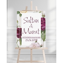 Söz Nişan Düğün İçin 50x70 Karşılama Panosu - Mor Renk Çiçek Temalı Beyaz