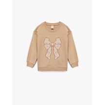 Koton Pamuklu Uzun Kollu Fiyonk Baskılı Bisiklet Yaka Sweatshirt Kahverengi 6wmg10053ak Kahve