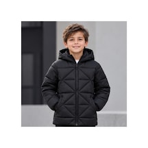 Maxx Kleın Erkek Çocuk Siyah Kapüşonlu Şişme Mont Geometrik Kapitone Desenli Fermuarlı Cepli Uzun Kışlık Günlük Dış Giyim 6-8-10-12-14 Yaş