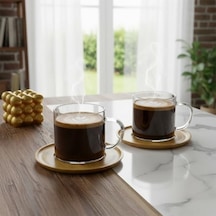 Bambu Tabaklı 2'li Cam Fincan Seti 150 Ml - Yuvarlak/kare Seçenekli Borosilikat Bitki Çayı Ve Double Kahve Fincanı Yuvarlak Tabaklı Açık Gri
