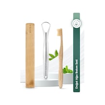 Tbrush Kremrengi Beyaz Bambu Diş Fırçası - Medium Paslanmaz Çelik Dil Temizleyici Diş Fırçası Kabı