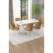 Arel Beyaz Mermer 80x132 Açılabilir Mdf Masa Yemek Odası Takımı, Mutfak Takımı 6 Adet Sandalye Beyaz Mermer - 6 Cappuccino - Beyaz Ayak