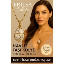Sertifikalı Tel Sargılı Doğal Havlit Taşı Kolye Altın Kaplama Sakinlik Ve Bilgelik Taşı Beyaz