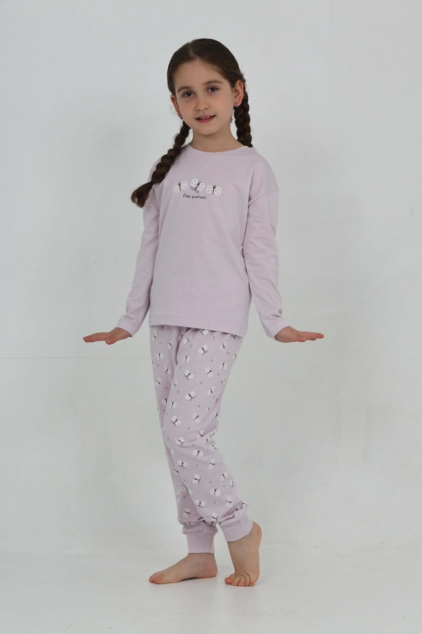 Toontoy Kız Çocuk Kelebek Baskılı Pijama Takım Lila