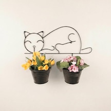 Kedi Figürlü Duvar Saksılığı - Metal Askılı İkili Saksı Ve Çiçeklik Siyah Diğer