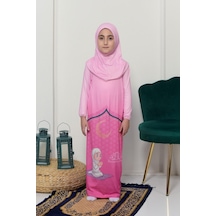 Çocuk Namaz Takımı Pratik Tek Parça Desenli Kollu Tak Çıkar Başörtülü Likralı Tesettür Elbise 6-12 Yaş 925-0201 Pembe