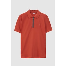 D's Damat Slim Fit Kiremit Pike Dokulu Yarım Fermuarlı Polo Yaka T-shirt 4ec14ortfrplo Kiremit
