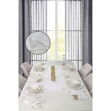 Sarmal Desen Krem Gold 8 Kişilik 25 Parça Nakışlı Linen Keten Amerikan Servis Runner Yemek Takımı Bej