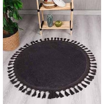 Modern Dekoratif Yuvarlak Puffy Peluş Ponpon Saçaklı Salon Oturma Odası Halısı Antrasit