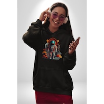 Astronot Yapay Zeka Yürüyüş Kadın Erkek Siyah Kapüşonlu Sweatshirt Hoodie Siyah