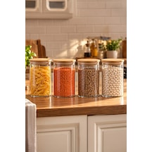 Porsima 2-4 Bambu Borosilikat Vakumlu Kapaklı Yuvarlak Cam 4lü Kavanoz Seti Saklama Kabı 1300ml 10x20cm