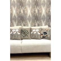 4 Lü Dekoratif Pamuklu Çift Katlı Kırlent Kılıfı Seti Çiçek Papatya Yaprak Modern Boho Etnik Bej Bej
