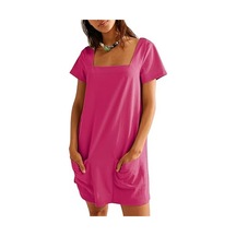 Kare Yaka Kısa Kollu Moda Kısa Etek Cep Günlük Elbise Gül Kırmızısı